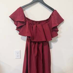 Saint Laurent Ruffled Cotton Off-the-Shoulder Mini Dress in Red